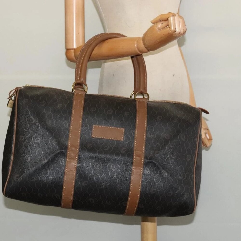 Christian Dior Honeycomb Canvas Boston Bag PVC Black Gold Auth